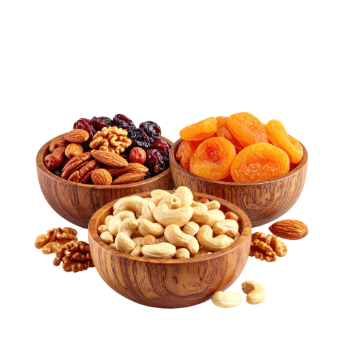 B2 Premium assorted dry fruits including cashews, almonds, walnuts, raisins, and dried apricots in wooden bowls